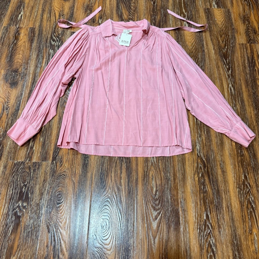 a.n.a L Blouse Women Pink Embroidered Stripe Balloon Sleeve Back Tie NWT